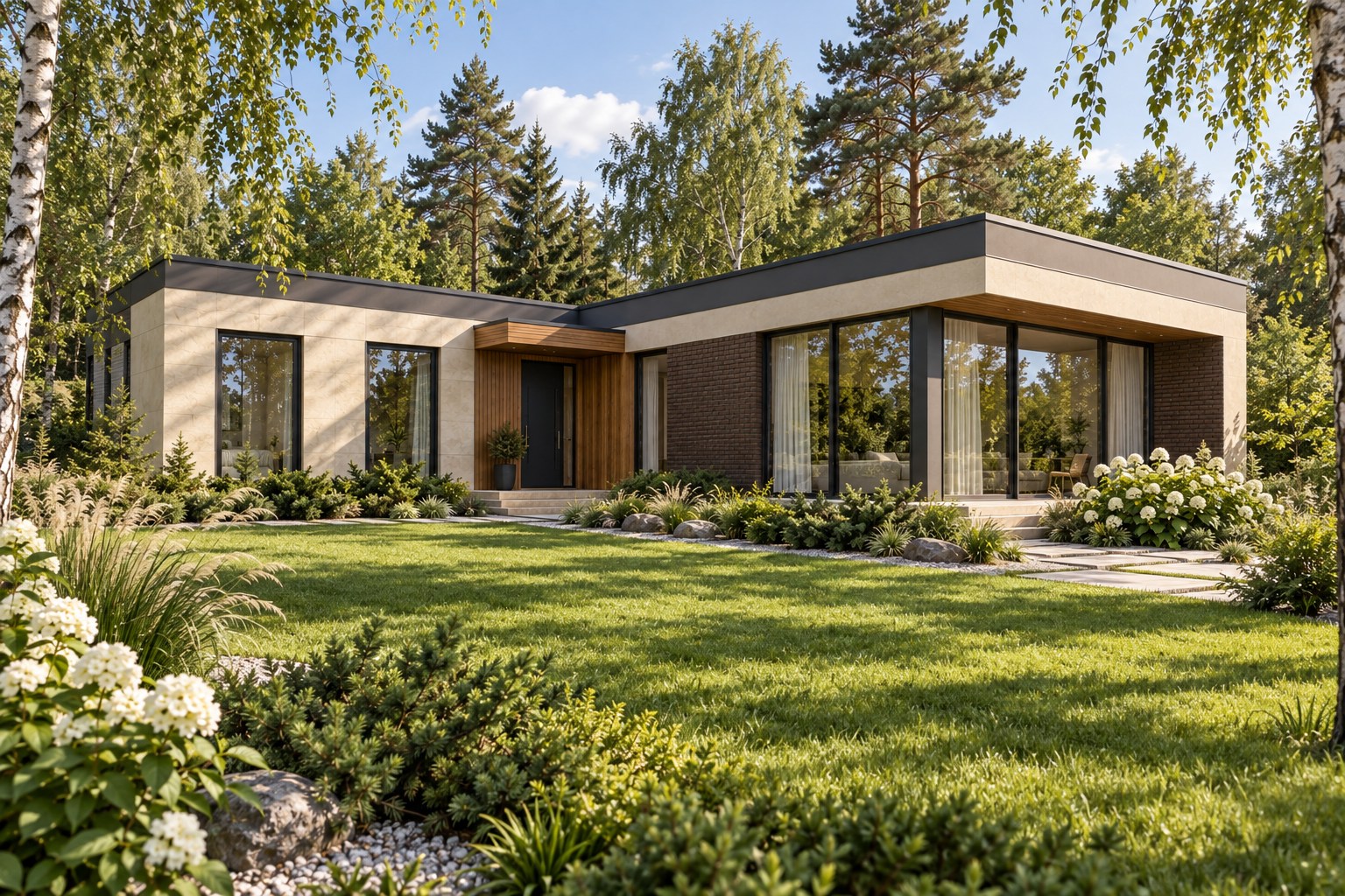«Тихая поляна» — садовый фасад и зелёная лужайка